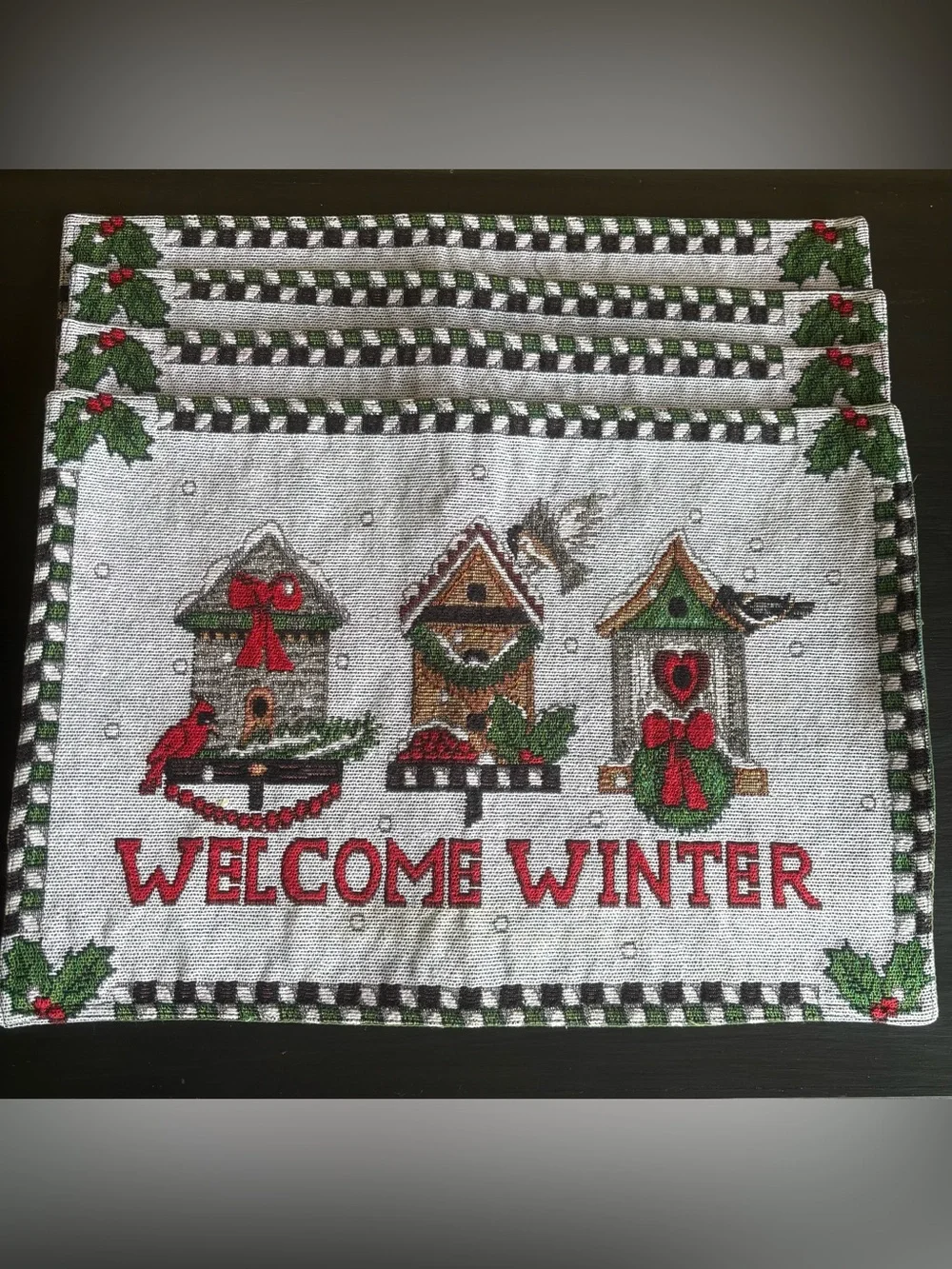 Tapestry Placemats Winter Cardinals Birdhouse Holiday Red 18